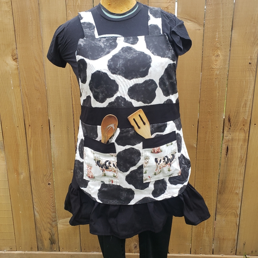 Cow Print Handmade Apron with Ruffles C1